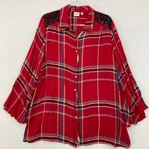 Rafaella size 2X Red Plaid Lace Detail Ultra Soft Flare Sleeve Button Down